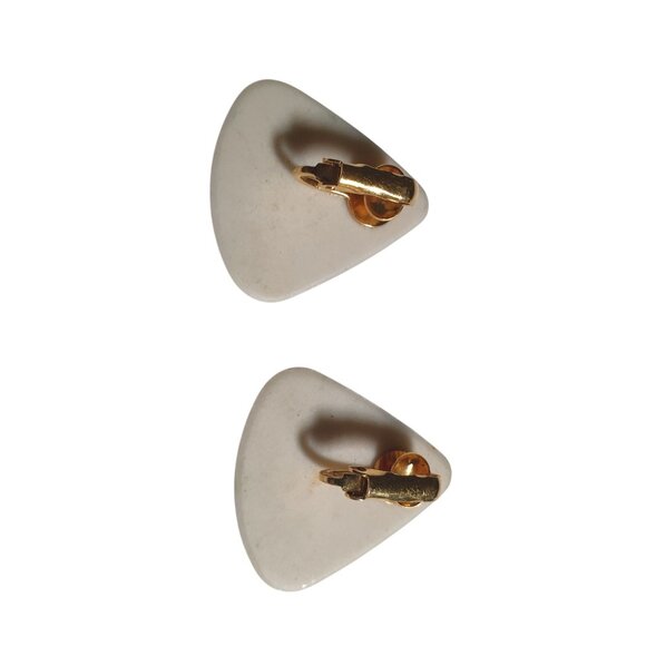 Vintage Hand Painted Triangle Clip On Earrings Purple Pink Ceramic Red Hat - Picture 2 of 5